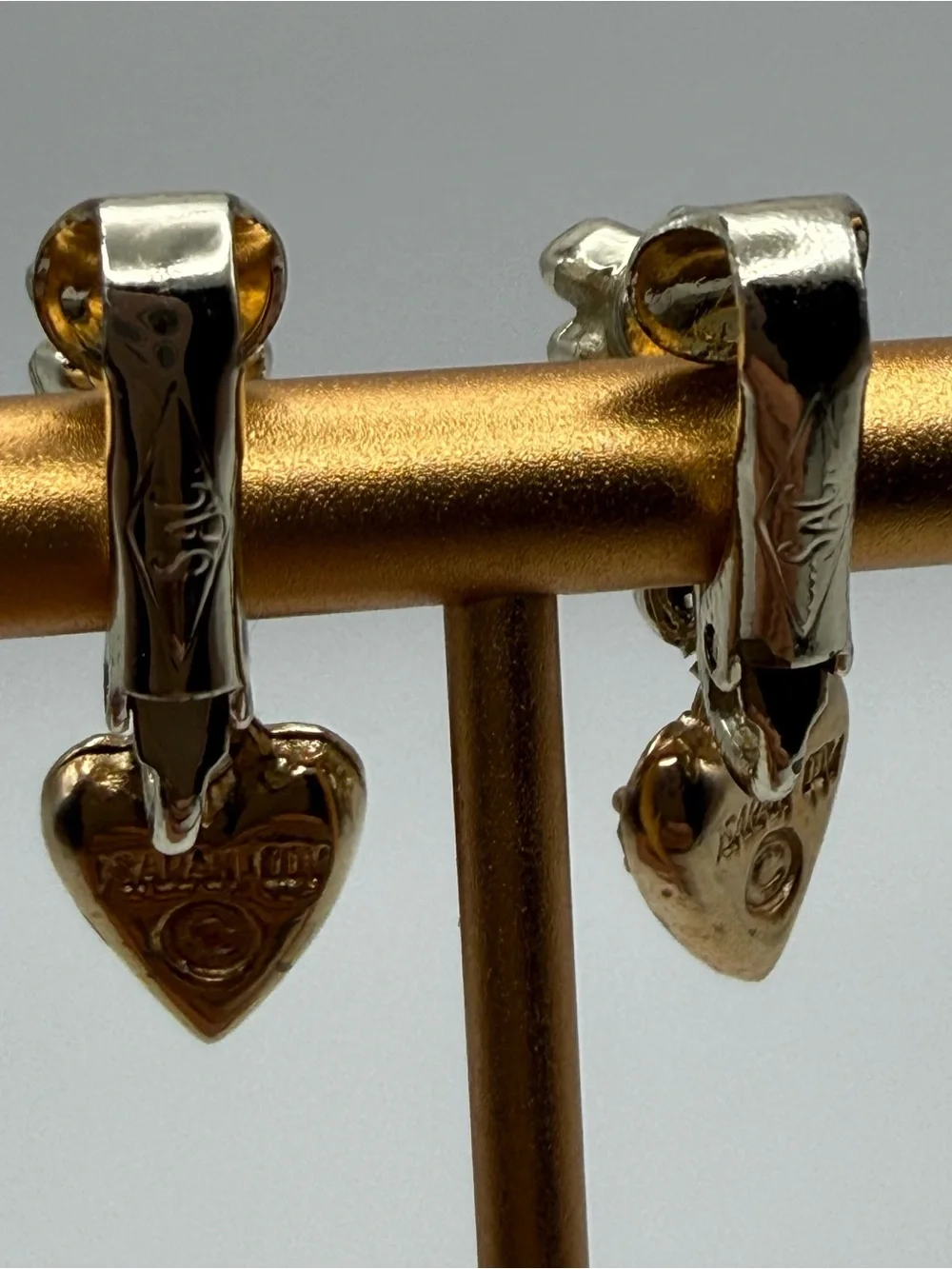 Vintage Sarah Coventry Rhinestone Heart Dangle Clip On Earrings Gold Tone